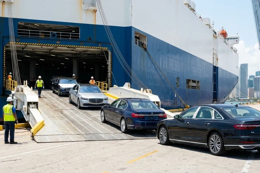 Luxury cars being loaded onto a cargo ship ramp for international car shipping to France