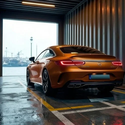 Luxury sports car inside a shipping container terminal ready for shipping to Spain