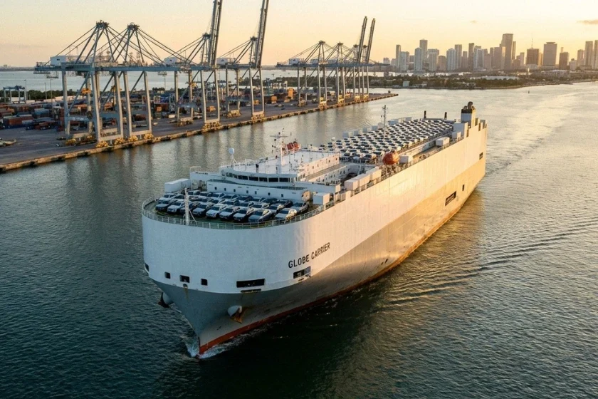 Car carrier cargo ship transporting vehicles from port for international car shipping to Spain